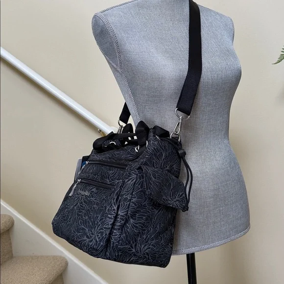 Baggallini Charcoal Floral Crossbody Bag. (Modern EWY Drawstring Bag) - Picture 7 of 16